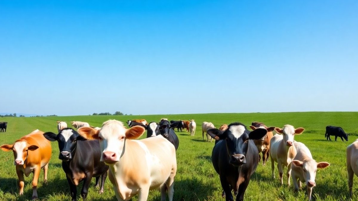 Scène de ferme avec animaux heureux dans un champ.