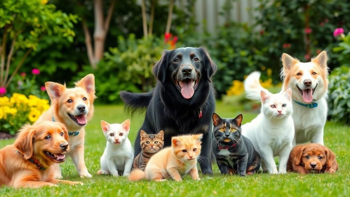 Animaux heureux dans un jardin verdoyant.